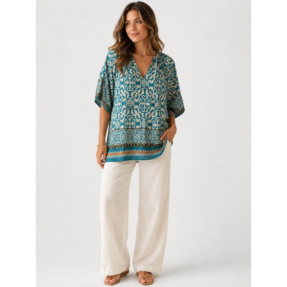 Bebonnie Tunic Top Womens L Teal Damask Western Boho V-Neck 3/4 Sleeve Vacation